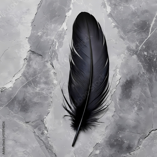 Black Feather on Grey Stone Background  