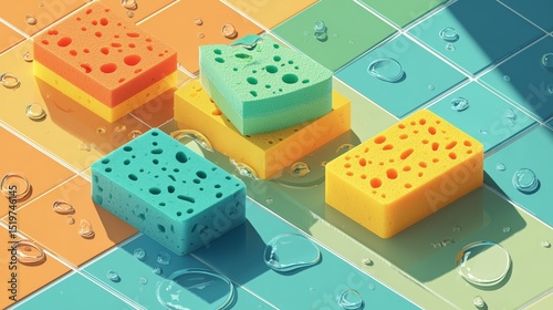 Isometric Colorful Cleaning Sponges on Wet Tile Surface
