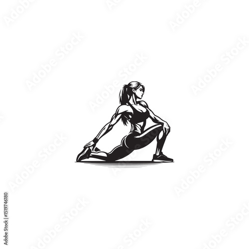 Muscular woman stretching fitness exercise female athlete gymnastics pose black and white