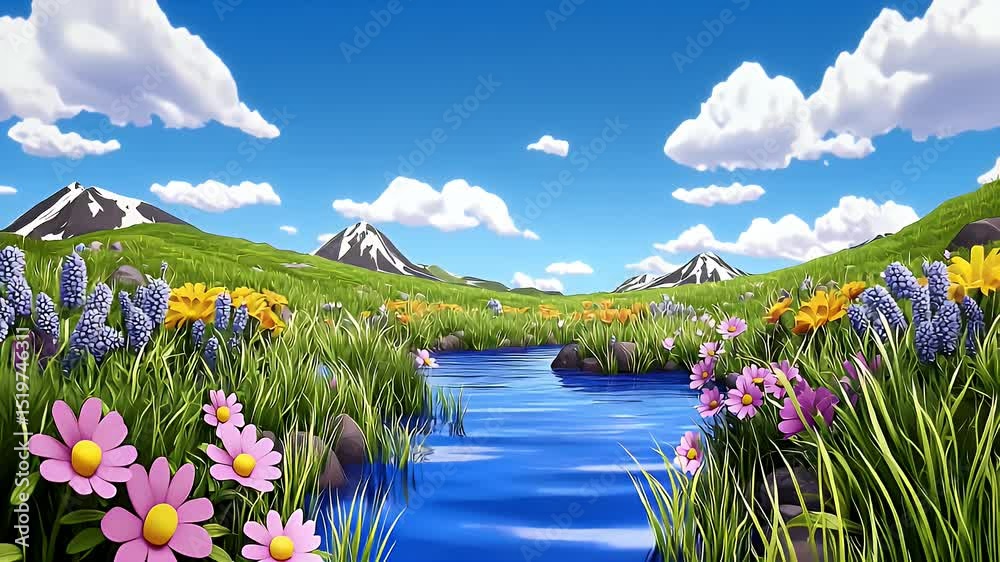 Tranquil Stream Winding Through a Vibrant Wildflower Meadow and Snow Capped Mountains