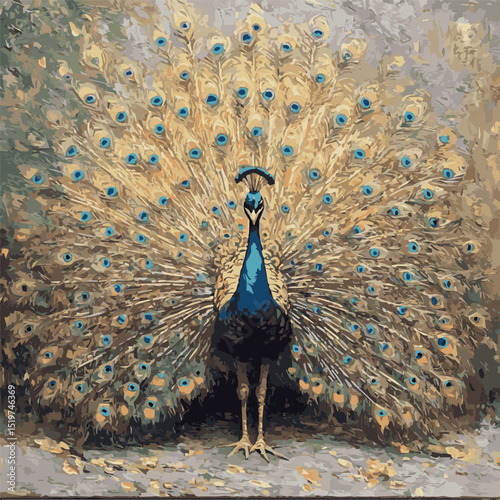 image of a beautiful bright peacock with an open tail, vector, color graphics
