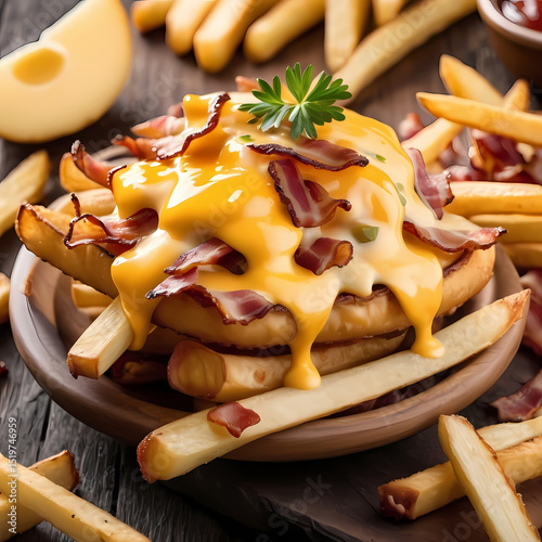 Crispy french fries topped with bacon, melted cheddar cheese. Fried potato, tasty snack, fast food menu item 