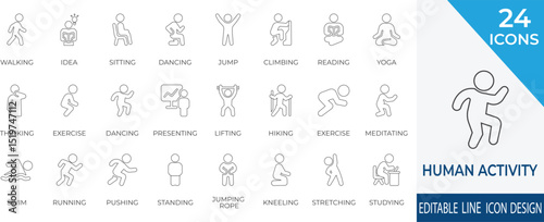 A dynamic vector icon set featuring everyday human actions like walking, exercising, reading, and more. Perfect for fitness, lifestyle, education, and productivity-related design projects