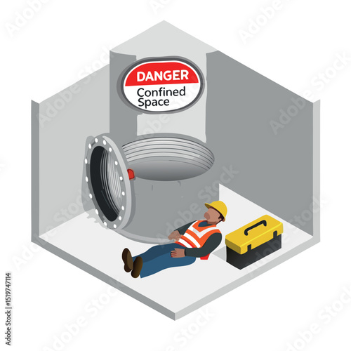 Industrial safety failure depicted in isometric cartoon: worker unconscious at confined space entrance due to absent ventilation and permit procedures.