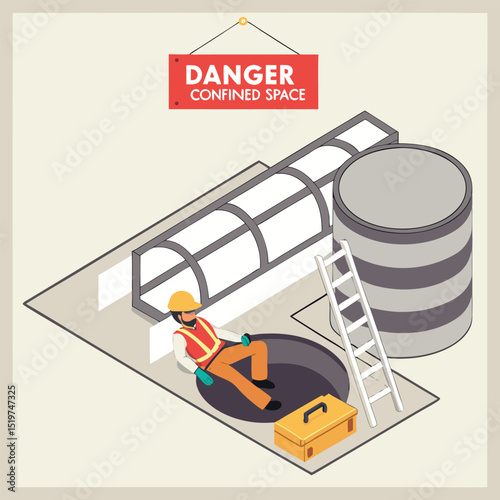 Isometric illustration highlights safety failure with unconscious worker at confined space entry caused by inadequate ventilation and lack of permit.
