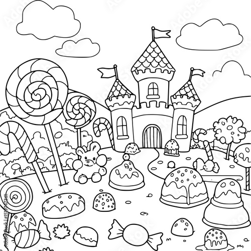 Whimsical cartoon illustration of children drawing on a vintage urban building with a tree and tower
