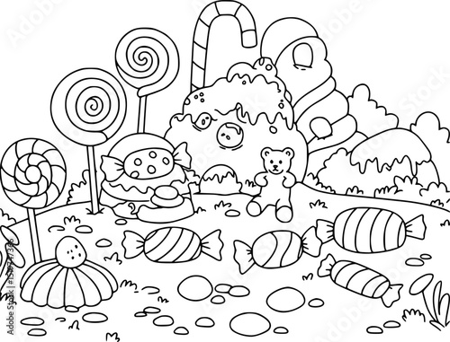 Cute cartoon cake world outline illustration set for kids coloring book design