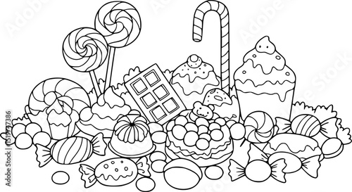 Vector illustration with food elements like cakes and candies for a seamless nature pattern