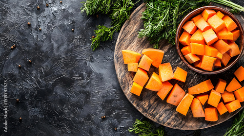 Freshly Cut Orange Pumpkin Cubes On Dark Wooden Board
