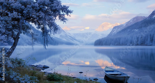 A boat on the shore of a lake, with snow-capped mountains rising in the background, Generative AI.