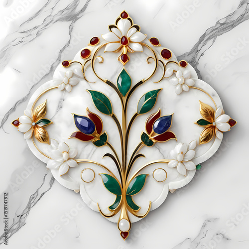 Elegant white marble floral design with gemstones 