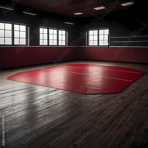 Empty wrestling mat in gym. Red mat, white lines. Dark moody interior, low key lighting, wooden floor, windows 