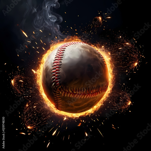 Fiery softball ball explodes in mid-air with sparks, smoke on dark background.  