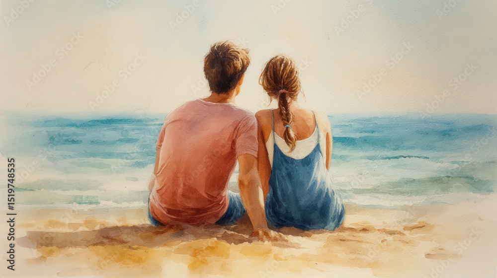 Couple sitting on sandy beach gazing at ocean watercolor painting romantic serene summer love peaceful blue sky Couple sitting on sandy beach gazing at ocean watercolor painting romantic serene summer love peaceful blue sky
