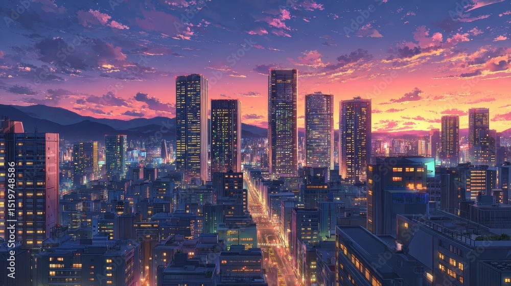 Fototapeta premium Cityscape at Sunset Anime Style Vibrant Colors Tall Buildings Night Lights