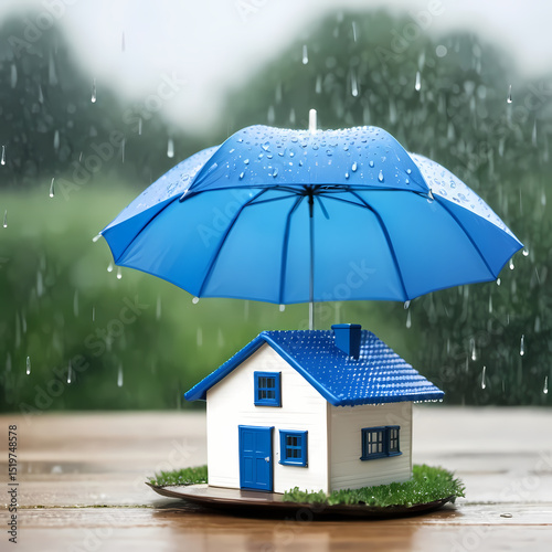 House model protected blue umbrella, rain drops. Home insurance, property protection concept.  