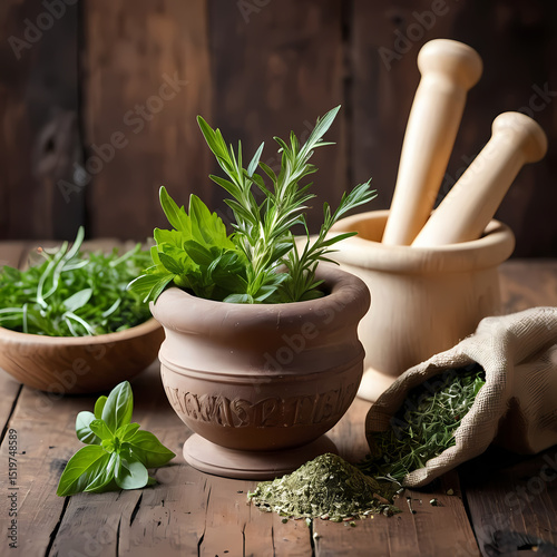 Homegrown Herbs Beside Mortar and Pestle on Wooden Table 