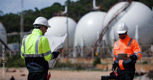 Two man industrial engineer with green and orange safety suit working with blueprint drawing at Refinery and gas petrochemical plant
