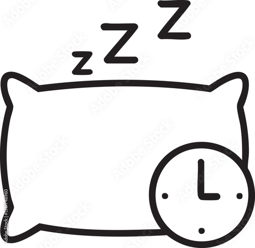 Simple Illustration of Sleeping Time with Pillow and Clock Black line art pillow sleeping