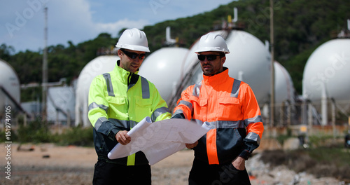 Two man industrial engineer with green and orange safety suit working with blueprint drawing at Refinery and gas petrochemical plant
