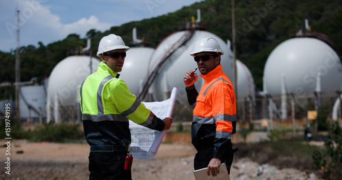 Two man industrial engineer with green and orange safety suit working with blueprint drawing at Refinery and gas petrochemical plant