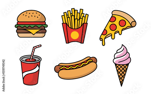A Collection of Six Hand-Drawn Fast Food Illustrations Burgers, Fries, Pizza, Soda, Hot Dog, Ice Cream