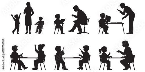 Silhouettes of a Teacher teaching the students 