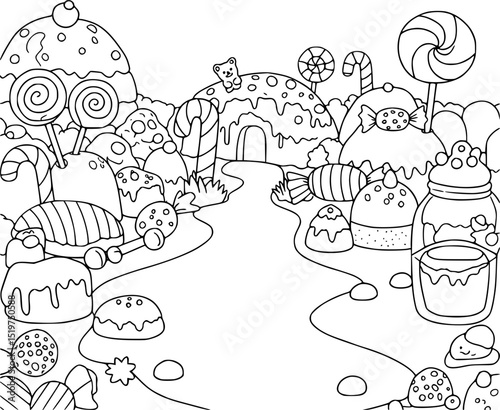Hand drawn vector cartoon illustration with world of cakes and sweets suitable for children's coloring book design