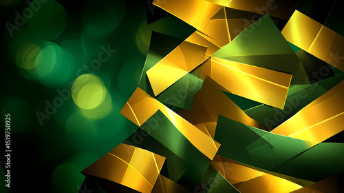 Abstract Composition with Green and Gold Elements on Dark Background