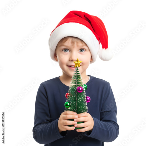 Happy Boy in Santa Hat Holding Small Christmas Tree isolated on a transparent background 
