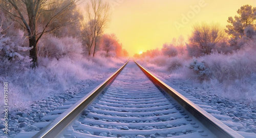 Train tracks covered in snow lead into the horizon, illuminated by a vibrant sunset in the background, Generative AI.