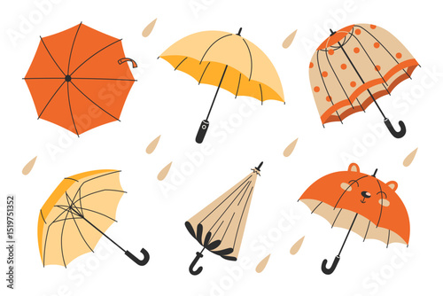 Collection of autumn umbrellas with raindrops in yellow and orange colours. Flat vector set on white background