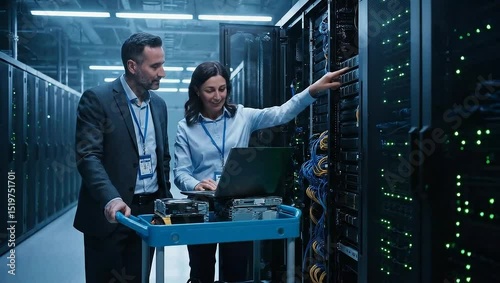 IT Engineers Working in Modern Data Center with Network Servers and Equipment