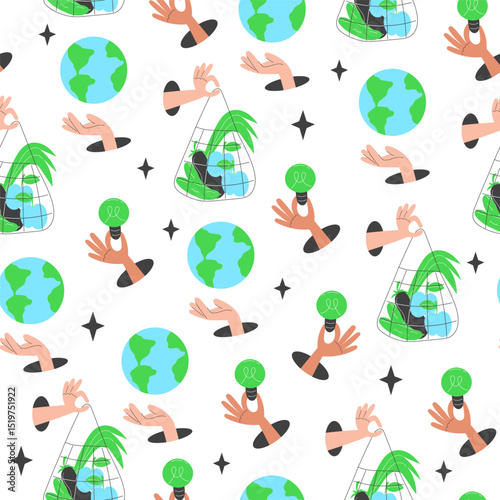 Seamless pattern of eco-friendly elements and environmental protection symbols in flat style on white background