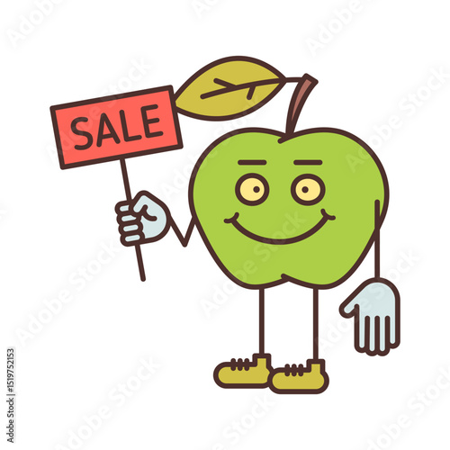 Apple character half turn holding sign saying sale and smiling