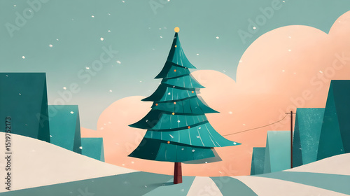 Elegant Christmas Tree Surrounded by Snowy Landscape at Dusk