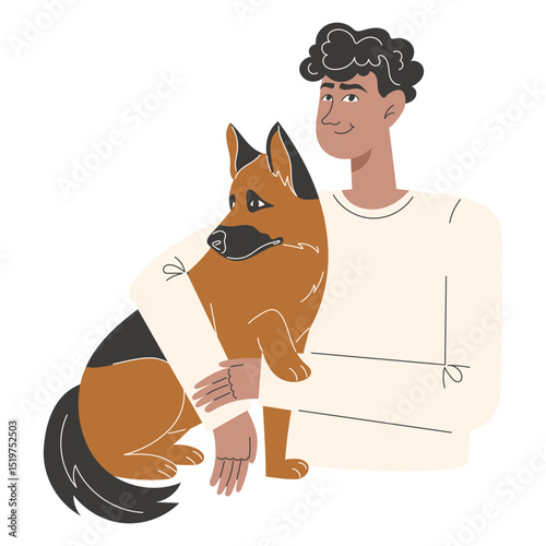 Young African man hugging German Shepherd dog. Pet owner and beloved pet. Flat portrait illustration