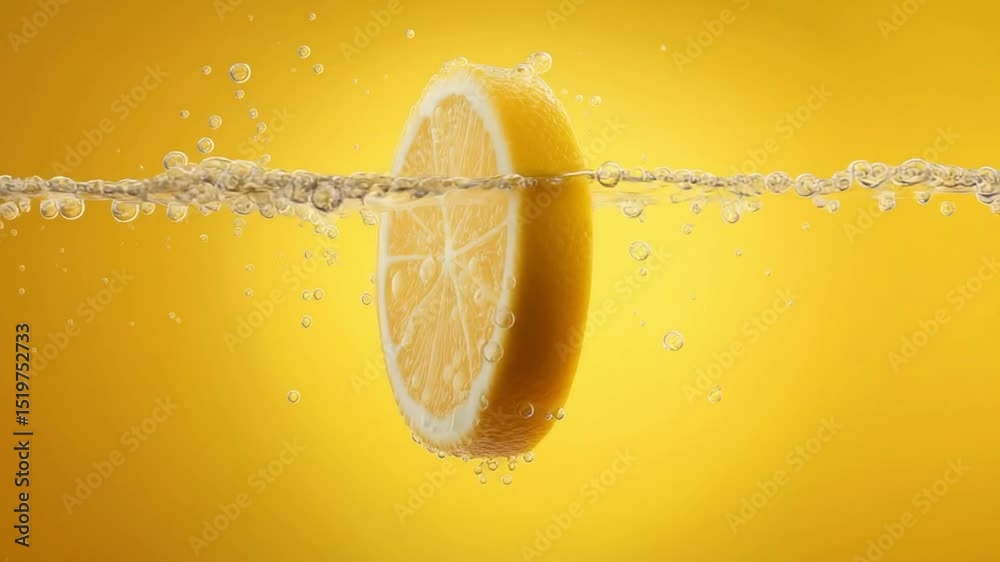 Fresh lemon slice submerged in water against yellow background  
