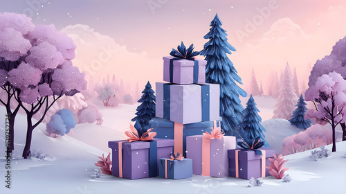 Vibrant Winter Landscape with Colorful Christmas Gift Boxes