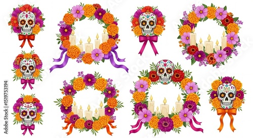 Decorative Dia de los Muertos wreaths featuring flowers, candles, ribbons, and skulls in vibrant designs