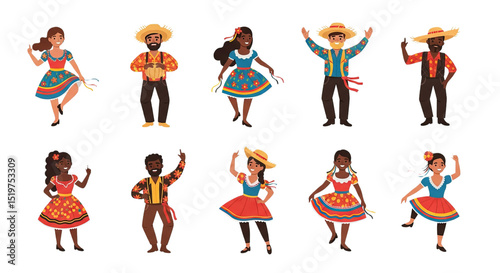 Traditional Brazilian dance moves from Festa Junina showcased by animated characters in flat illustration