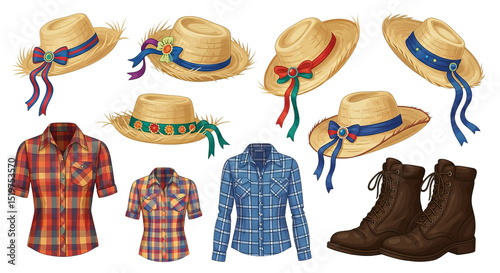 Straw hats, plaid shirts, and rustic boots showcasing traditional Festa Junina clothing in Brazil