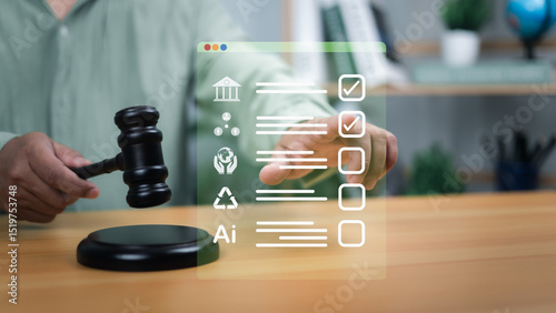 Environmental law and carbon credit regulation concept with green globe, gavel, and eco-friendly icons, representing sustainability, environmental protection, legal frameworks for green initiatives.