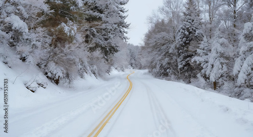 A snow-covered road lined with trees, creating a serene winter landscape, Generative AI.