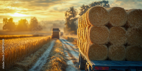 Harvesting hay bales at sunrise on a rural farm with golden fields and soft morning light