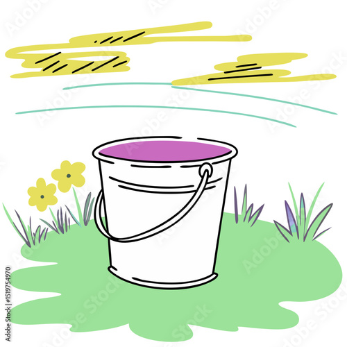 White bucket filled with water on grass with flowers under cloudy sky  