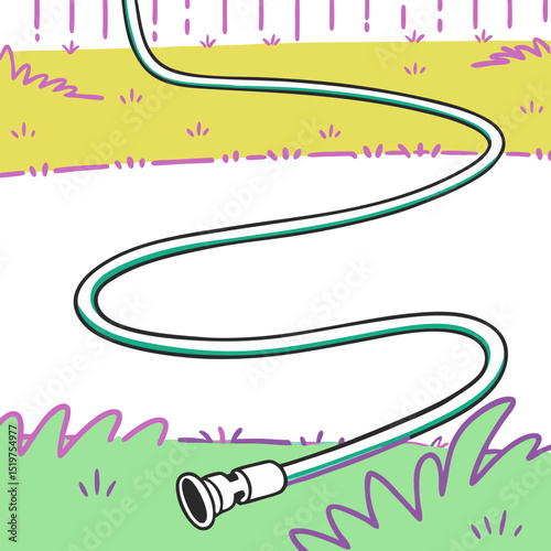 Garden hose coiled on grass in colorful backyard setting  