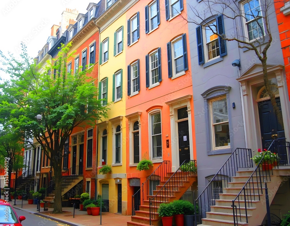Naklejka premium Colorful Colonial Townhouses on Historic Chestnut Street in Philadelphia's Prestigious Neighborhood.