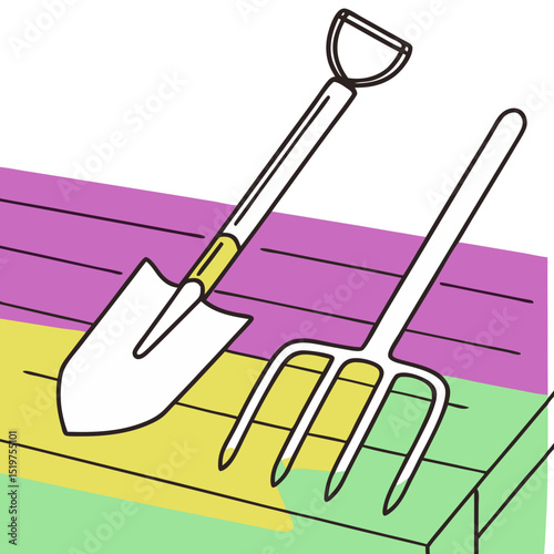 Shovel and pitchfork resting on colorful wooden backdrop