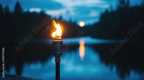 Fototapeta Naklejka Na Ścianę i Meble -  A torch resting on a wooden deck, its warm light glowing against a moonlit lake in the background